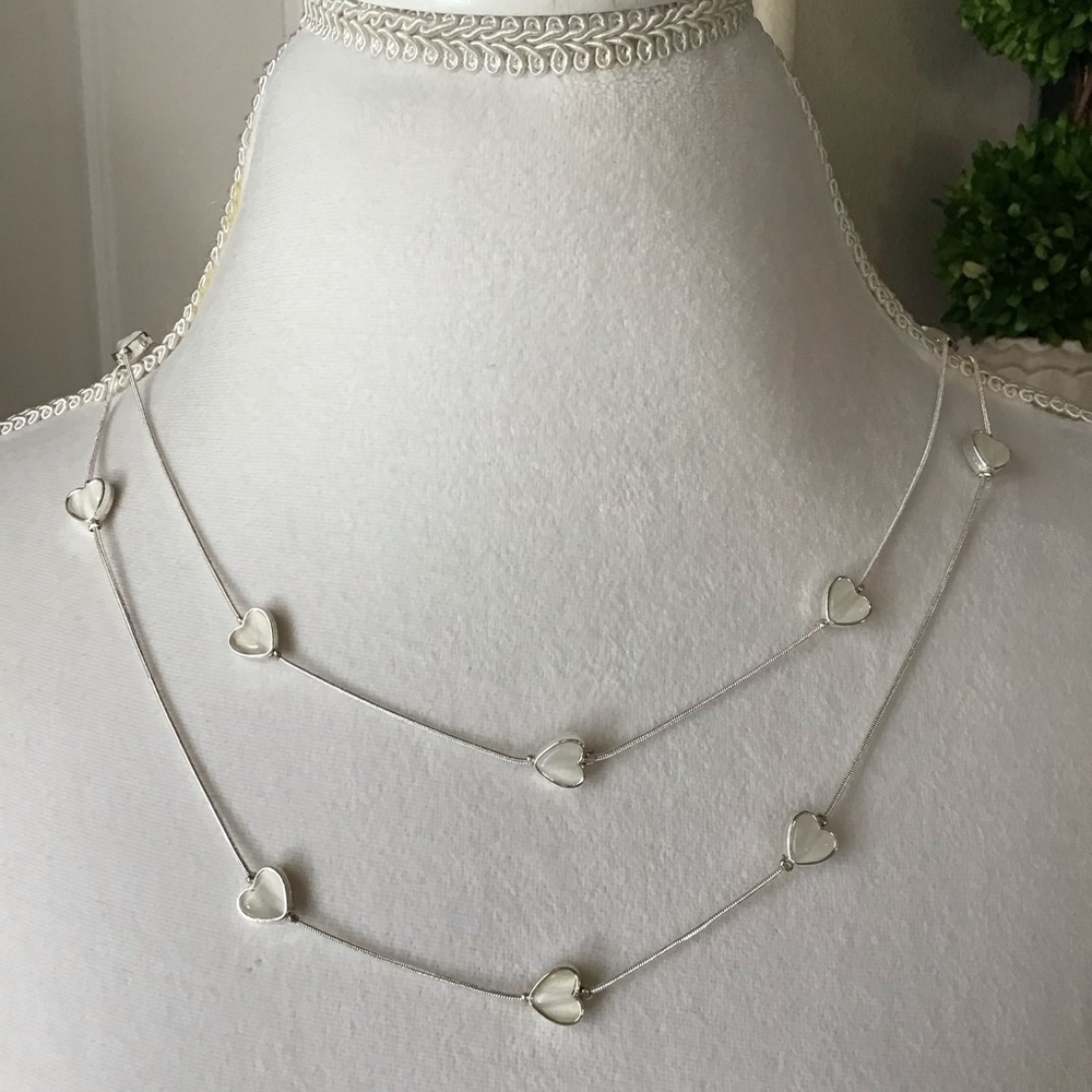 Valentine Hearts Necklace Cascade 2-Strand White Pearl Look Love Romantic NEW - Picture 1 of 11